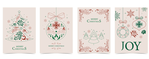 Minimal art deco with christmas tree, wreath,joy  outline.vector illustration for Christmas party invitation card, postcard, menu ,print, social media template