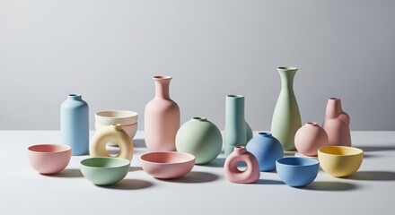 Collection of pastel colored ceramic vases and bowls arranged on a white surface image
