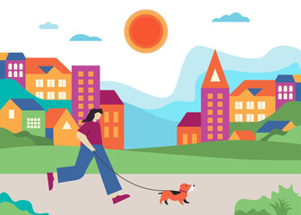 Vector illustration of a woman walking her dog in a colorful city park.