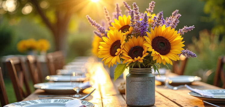Sunflowers, lavender decorate long dinner table. Rustic setting offers summer celebration with nature. Jar with fresh flowers, floral centerpiece on wooden table in sunlight at garden. Warm colors