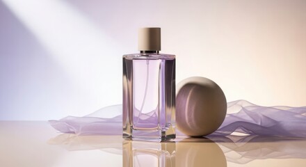 Rectangular glass perfume bottle with light purple liquid and beige cap next to a smooth sphere and sheer lavender fabric