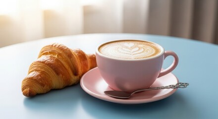 Pink cup of latte art coffee with a golden croissant on a blue table pastry breakfast
