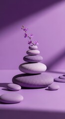 Stacked purple stones with delicate purple flowers and dappled light stacked stones zen stones