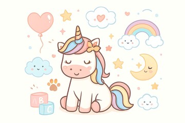 Naklejka premium A cute cartoon unicorn sitting with closed eyes, surrounded by clouds, stars, and a rainbow.