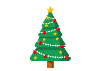 Festive green christmas tree adorned with twinkling lights and star ornament isolated on transparent background