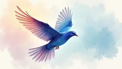 Obraz premium Blue bird with spread wings flies in soft pastel sky. Bird symbolizes freedom, hope, and peace. Gentle colors suggest calm and tranquility in flight. Artful illustration for peaceful themes.