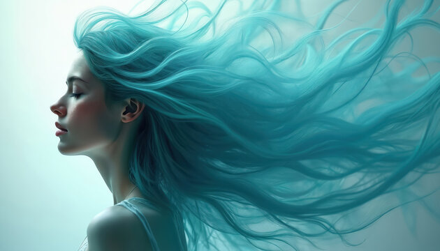 Woman with flowing aqua hair close up profile. Soft light on face, surreal fantasy digital art. Dreamlike ethereal beauty, flowing aqua teal hair motion.