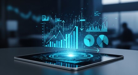 Futuristic digital data visualization hologram emerging from tablet screen