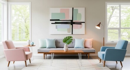 Mid century modern living room with pastel furniture and abstract art interior sofa