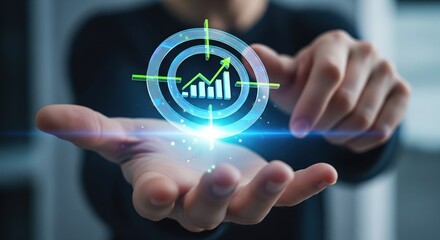 Man holding a glowing digital target with a financial growth chart inside