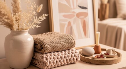 Neutral toned still life with dried flowers knitted blankets and abstract art vase candle