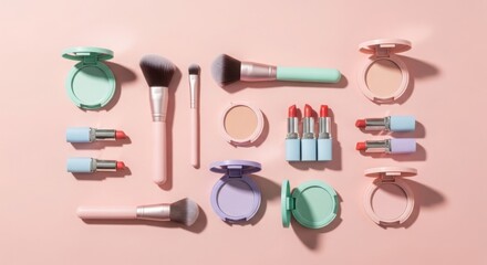Assorted makeup products including lipsticks and powder compacts arranged on a pink background brush