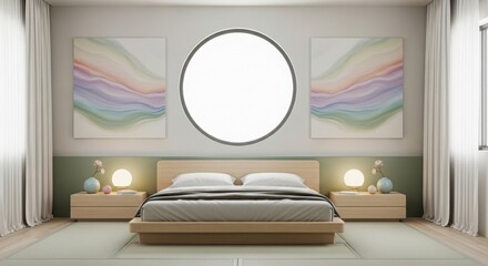 Minimalist bedroom with wooden bed and pastel abstract art above circular window interior