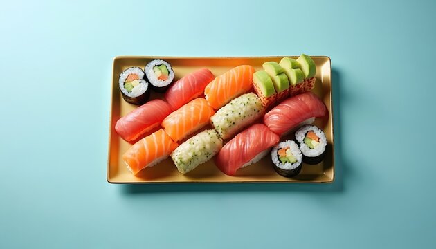 Assortment of fresh sushi and maki rolls arranged on a golden platter. Salmon, tuna, avocado, and cucumber are visible ingredients in this japanese food preparation.