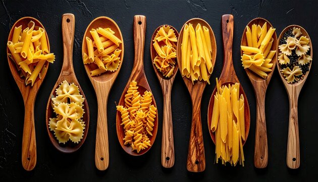Assortment of Dry Pasta Varieties Displayed in Wooden Spoons on Dark Background.