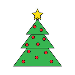 Fototapeta premium Simple Christmas tree with star and red ornaments on white background holiday festive