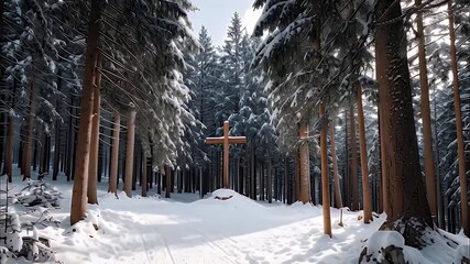 Snow covered forest path with wooden cross and tall evergreen tree faith inspiring winter sunlight peaceful scene snow forest cross faith wooden cross snowy trail among tall pine tree trunks winter - Powered by Adobe