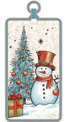 A cheerful snowman adorned in a colorful hat and scarf next to a decorated Christmas tree and a gift.