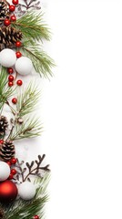 Festive Christmas backdrop with pine, ornaments, and cones, creating a joyful holiday atmosphere.