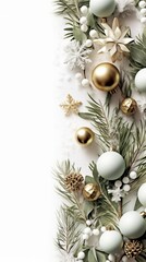 Elegant holiday decoration featuring green and gold ornaments and white snowflakes on a soft background.
