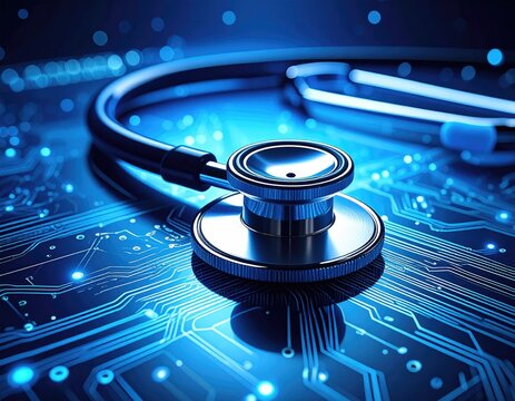 Futuristic stethoscope on glowing blue digital circuit board representing healthcare technology.