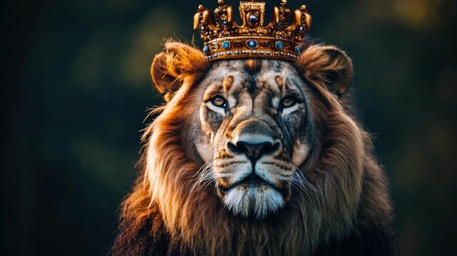 A majestic lion wearing a royal crown, reflecting strength and dignity in a mystical forest setting.