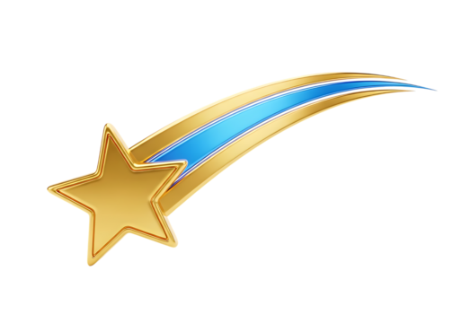 Golden shooting star with a blue trail isolated on transparent background