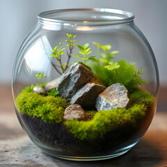 A round glass bowl aquarium houses several goldfish, aquatic plants, driftwood, and gravel, creating a vibrant underwater scene.