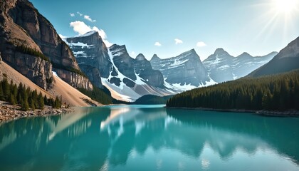 Turquoise lake mirrors snow topped mountains and dense pine forest under a clear sunny sky. Serene landscape with calm water surface reflecting rocky peaks and green trees.