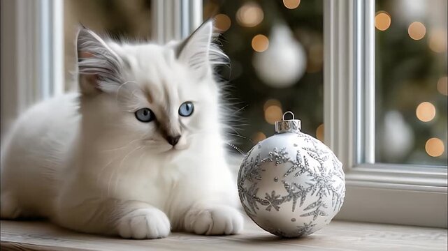 Christmas kitten white fur blue eye cozy window ornament bauble snowflake fluffy cat watching lights peaceful festive bokeh warm holiday scene