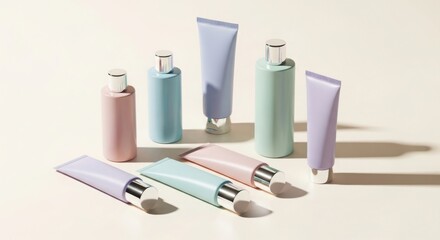 Obraz premium Assortment of pastel colored cosmetic tubes and bottles with silver caps arranged on a light background