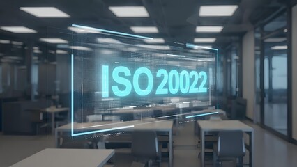 Fototapeta premium ISO 20022 financial standard concept in modern office environment, digital data integration for global banking and secure payment communication systems