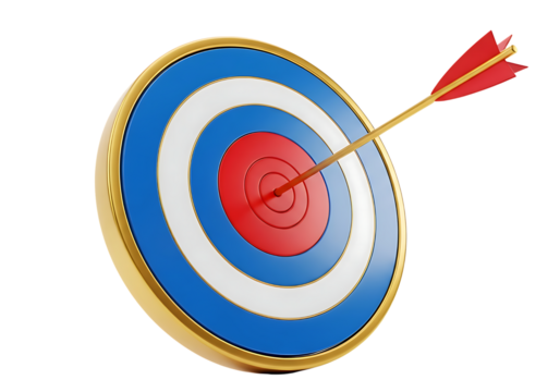 Red and blue target with an arrow hitting the bullseye isolated on transparent background - Powered by Adobe