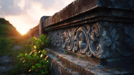 Ancient stone carvings at sunset with intricate floral patterns and lush greenery