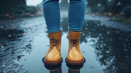 Person in yellow rain boots standing in a puddle on a wet road. - Powered by Adobe
