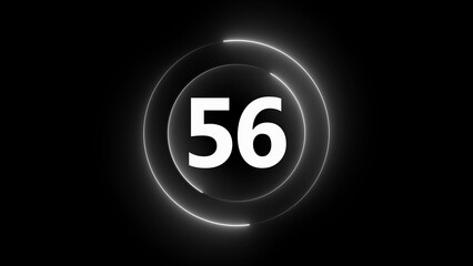 White neon glowing number 56 inside concentric circles on black background numeral digit