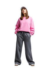 Fototapeta premium Young woman wearing a pink sweatshirt and grey sweatpants, isolated on transparent background