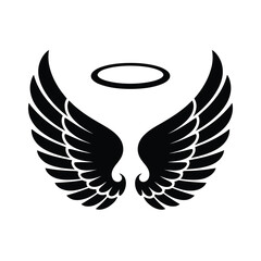 Black angel wings and halo silhouette icon