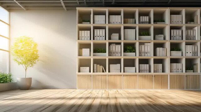 Bright, modern office with large window, shelving with files and plants, and wood floor