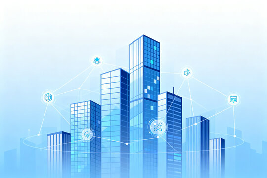 Connected skyscrapers in blue cityscape