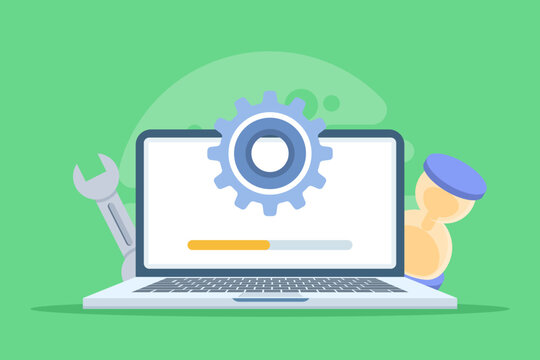 Modern flat system update illustration concept. Depicts computer or mobile software upgrade, maintenance, and performance optimization. Suitable for websites, landing pages, posters, and banners.