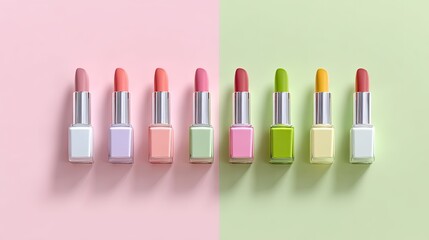 Obraz premium Colorful Lipstick Display on Pastel Background with Modern Packaging and Vibrant Shades for Fashion and Beauty Themes