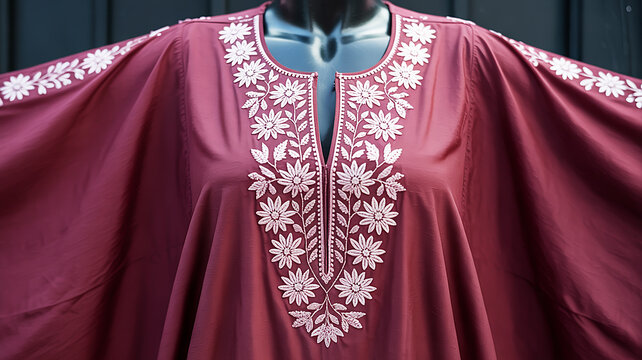 Close-up photograph of a maroon kaftan with intricate white floral embroidery around the neckline and sleeves