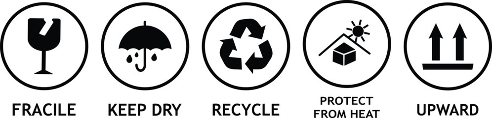 Set of Fragile package icons, keep upright dry and handle with care signs.Fragile, recycle, Handle with care, Essential Packaging Symbols, Set of multiple Safety signs and symbols,
