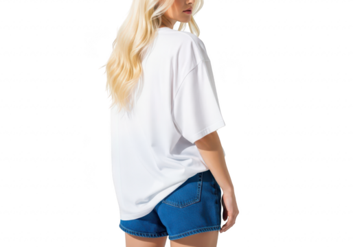 Young woman wearing a white tshirt and denim shorts, isolated on transparent background