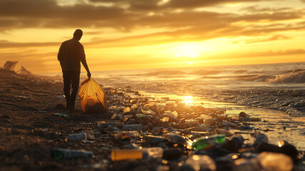 A man collecting trash on the beach during sunset. Concept of volunteer cleanup, pollution control and nature preservation. For World Cleanup and Earth Day, promoting awareness for a cleaner planet.