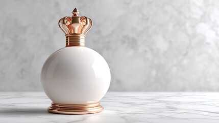 Elegant white perfume bottle with gold crown design on a marble countertop background