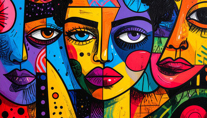 Obraz premium Abstract doodle art illustration with playful surreal characters and bold geometric shapes in vibrant flat cartoon colors for contemporary pop art design 