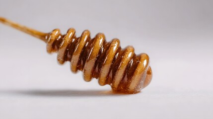 Close up of a wooden honey dipper with golden viscous honey dripping from its grooves on a clean white background with soft side lighting