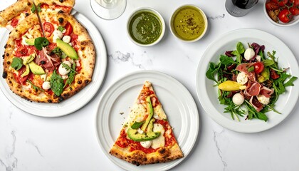 Gourmet Pizza Meal with Salad and Sauces on Marble Table.